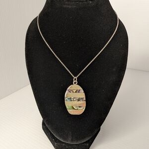 Mexico Alpaca Pendant with Abalone Inlay And 925 Silver Chain Necklace